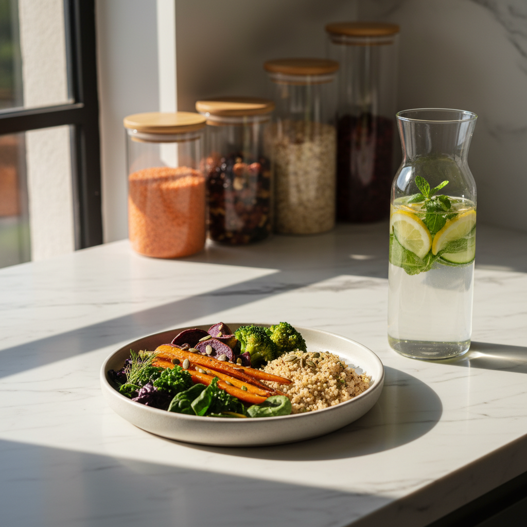 A minimalist kitchen scene centered on a beautifully plated, nutrient-dense meal on a matte white ceramic dish, featuring roasted vegetables, whole grains, and vibrant greens arranged with elegant precision. The plate rests on a marble countertop with subtle grey veining, near a clear carafe of water infused with citrus and herbs. In the background, softly blurred glass storage jars hold colorful whole foods. Late-afternoon natural light streams through a nearby window, casting refined, warm highlights and delicate shadows, enhancing the textures of the food. Photographic realism, eye-level composition with shallow depth of field, creating a sophisticated, serene mood that conveys nourishing, sustainable health habits for women and their families, with no people visible.