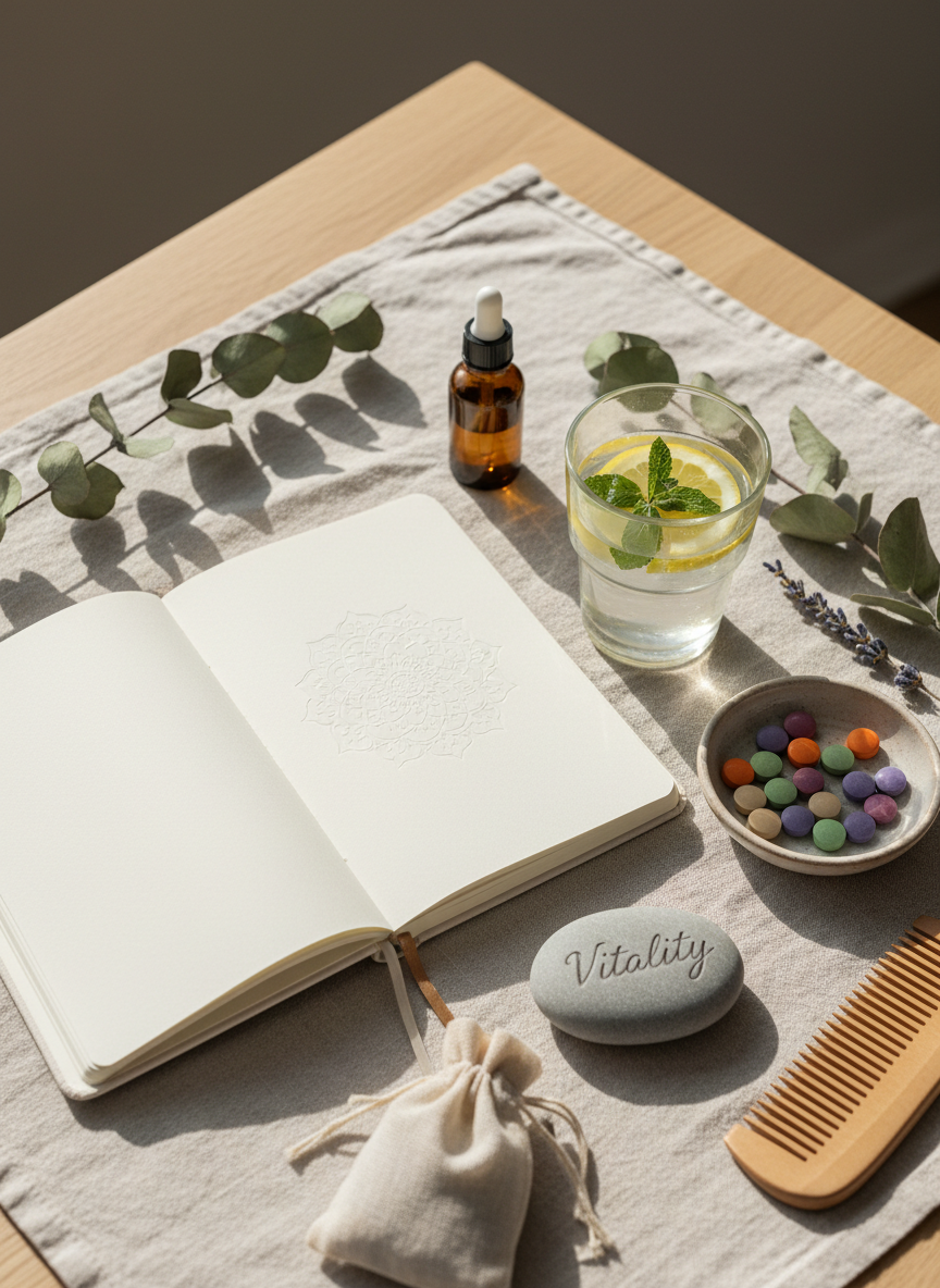 A meticulously arranged flat lay of holistic wellness tools for mothers’ health transformation, displayed on a pale linen cloth atop a light oak table. A sleek journal embossed with a subtle mandala sits open, beside a glass of infused water with lemon slices and mint, a small dish of colorful supplements, and a polished stone engraved with the word “Vitality.” Soft morning sunlight filters in from the left, creating refined highlights on the glass and gentle shadows along the journal’s edges. The background is softly blurred eucalyptus branches and a neutral wall. Photographic realism, shot from a bird’s-eye view with clean, sophisticated composition, calm and aspirational atmosphere, embodying balance of mind, body, and spirit without any human presence.